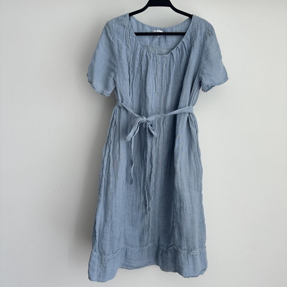 Brora Dress UK 12 US 8 Blue Organic Crinkle Linen Belted Cottage Coastal Prairie